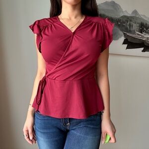 Y2K Red Coquette Wrap Blouse – Ruffle Sleeves & Flirty Tie Waist